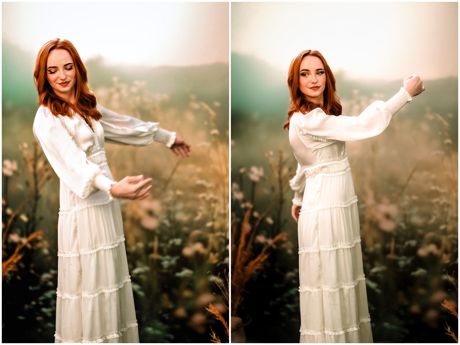 Ethereal figure in flowing white dress dances gracefully in a dreamy golden-lit meadow at sunset.