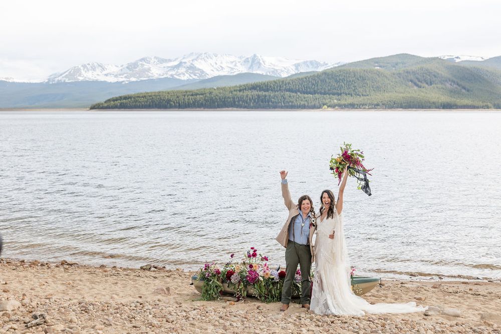 A series of seven wedding photographs showing scenic beach and mountain landscapes with celebratory moments.