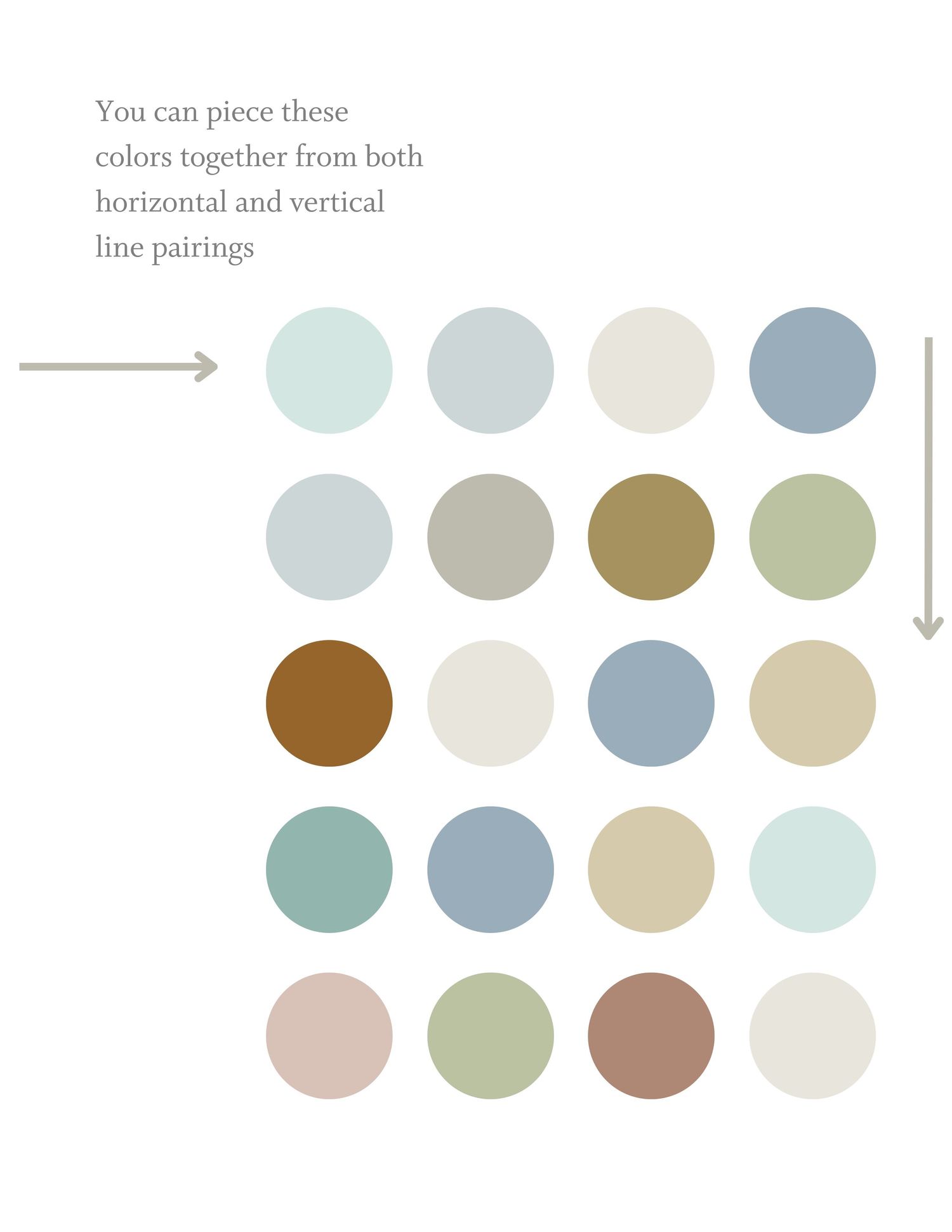 A color palette featuring muted tones of blue, green, brown, and beige circles arranged in a grid with directional arrows.