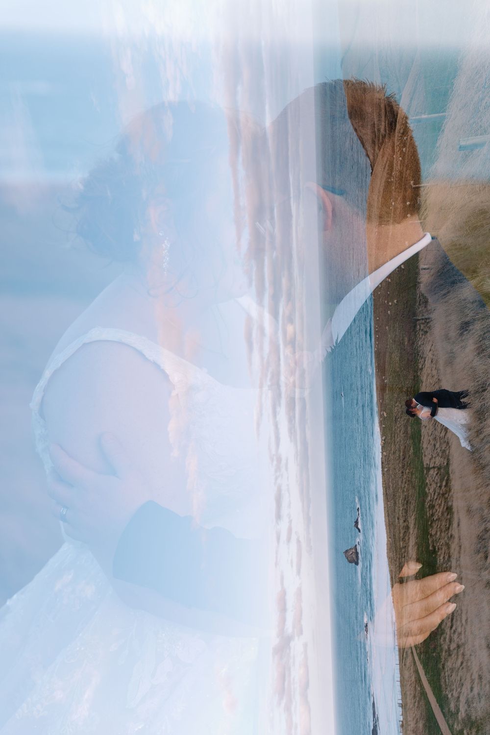 An artistic veil shot creates a dreamy overlay effect against the coastal landscape.