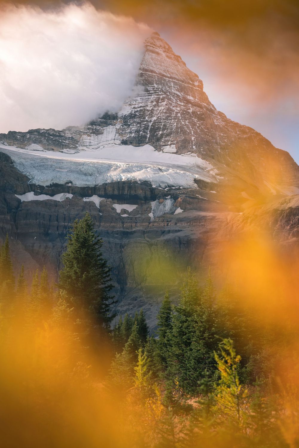 Snow-capped mountain peak against blue sky with orange fall foliage in foreground.
