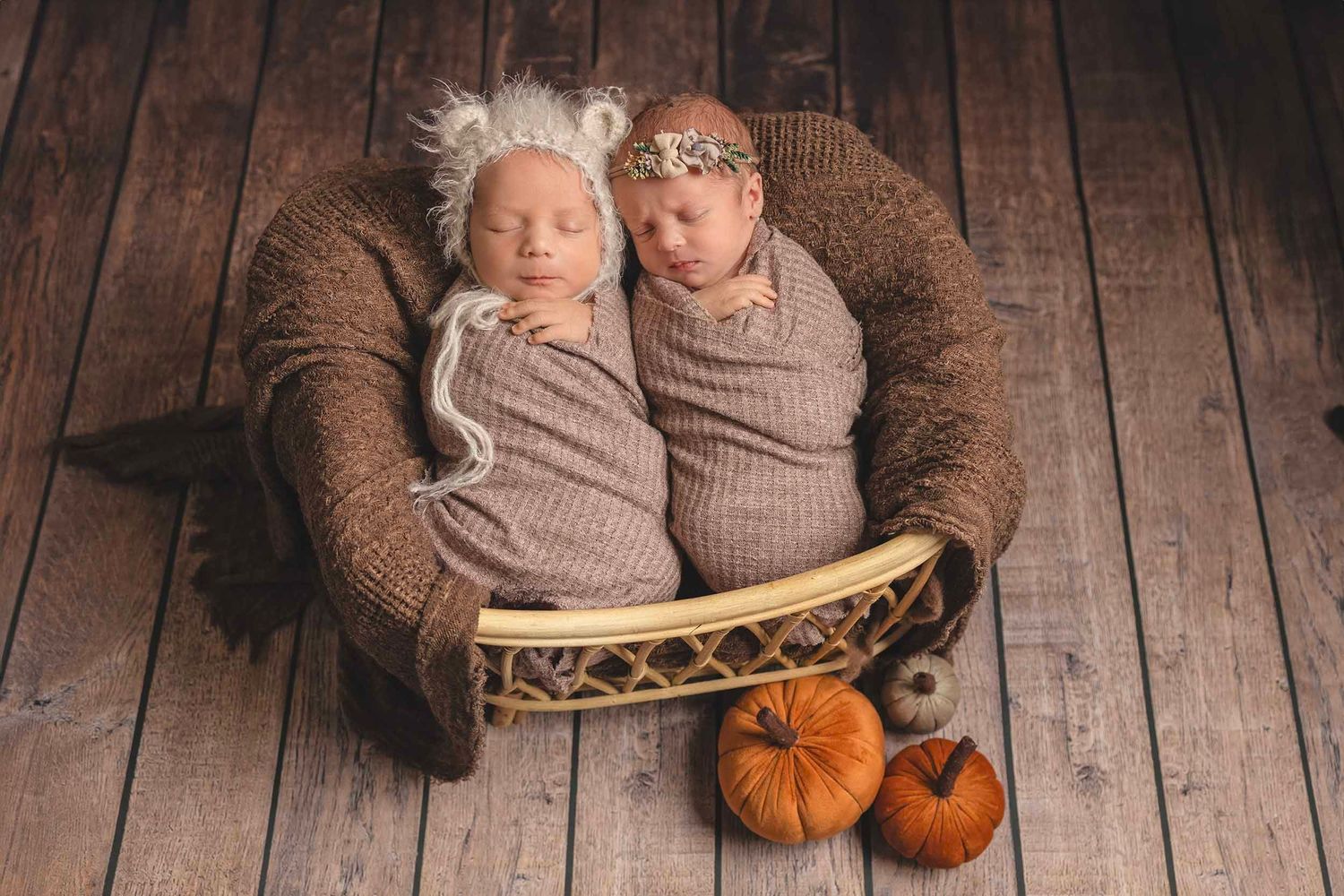 Two newborn babies swaddled in beige wraps in woven basket and autumn pumpkins. Hampshire newborn baby photographer, Gosport photography