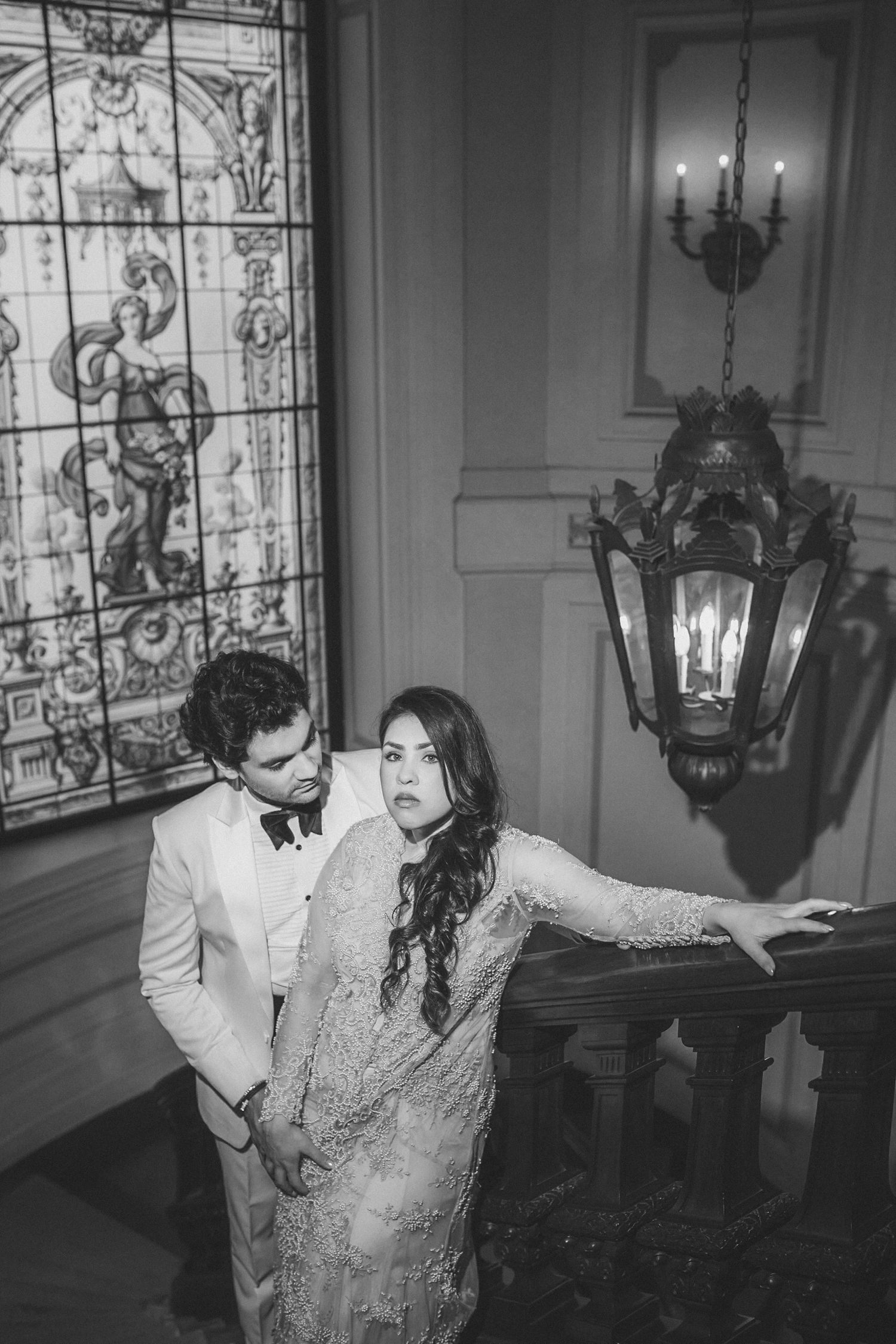 Editorial-style Indian engagement session in Pestana palace, Portugal with royal interiors and elegant styling