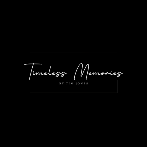 A minimalist black logo design with 'Timeless Memories by Tim Jones' in elegant script against a dark background.