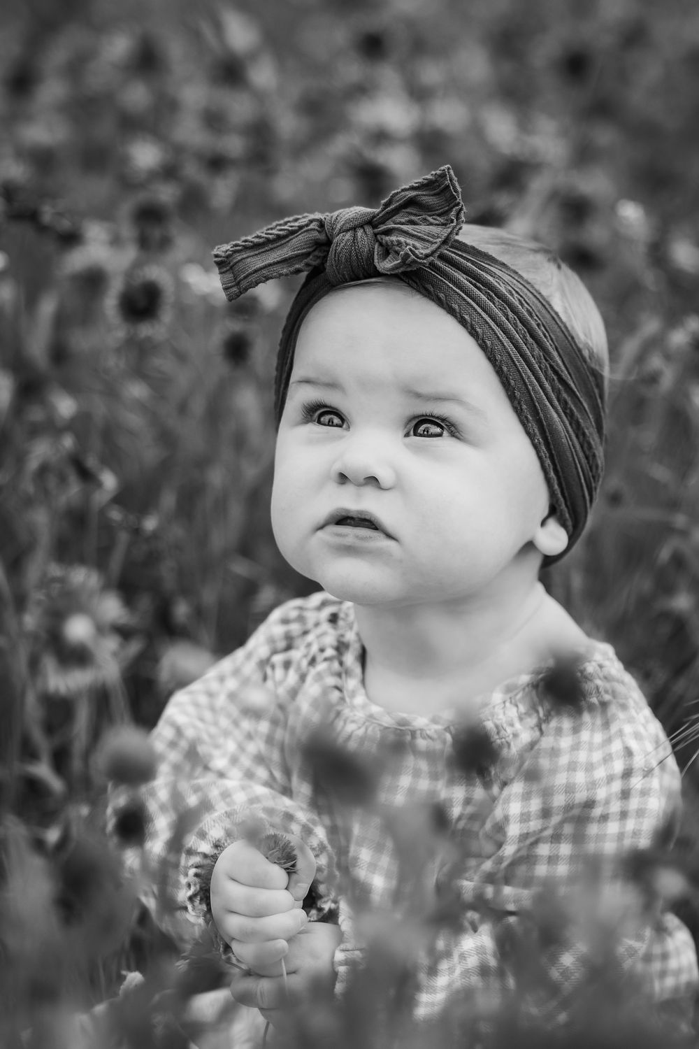 A small child wearing a plaid dress and knotted headband sits in a wild flower field, captured in black and white.
