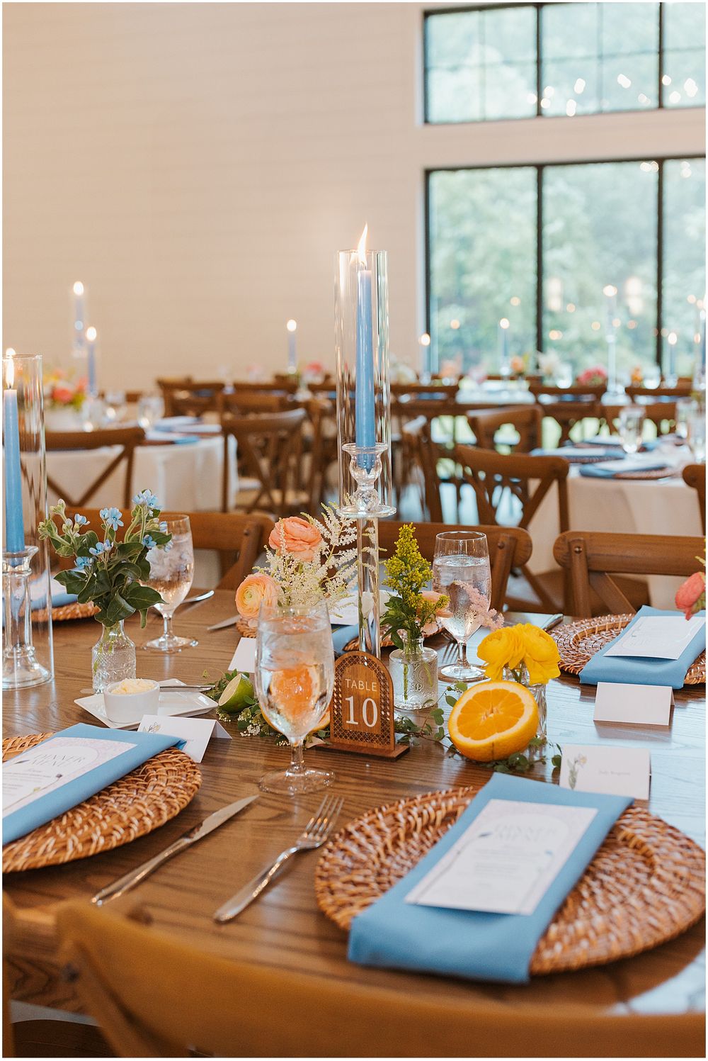 Colorful wedding reception decor at a Hyla Brook Estate wedding