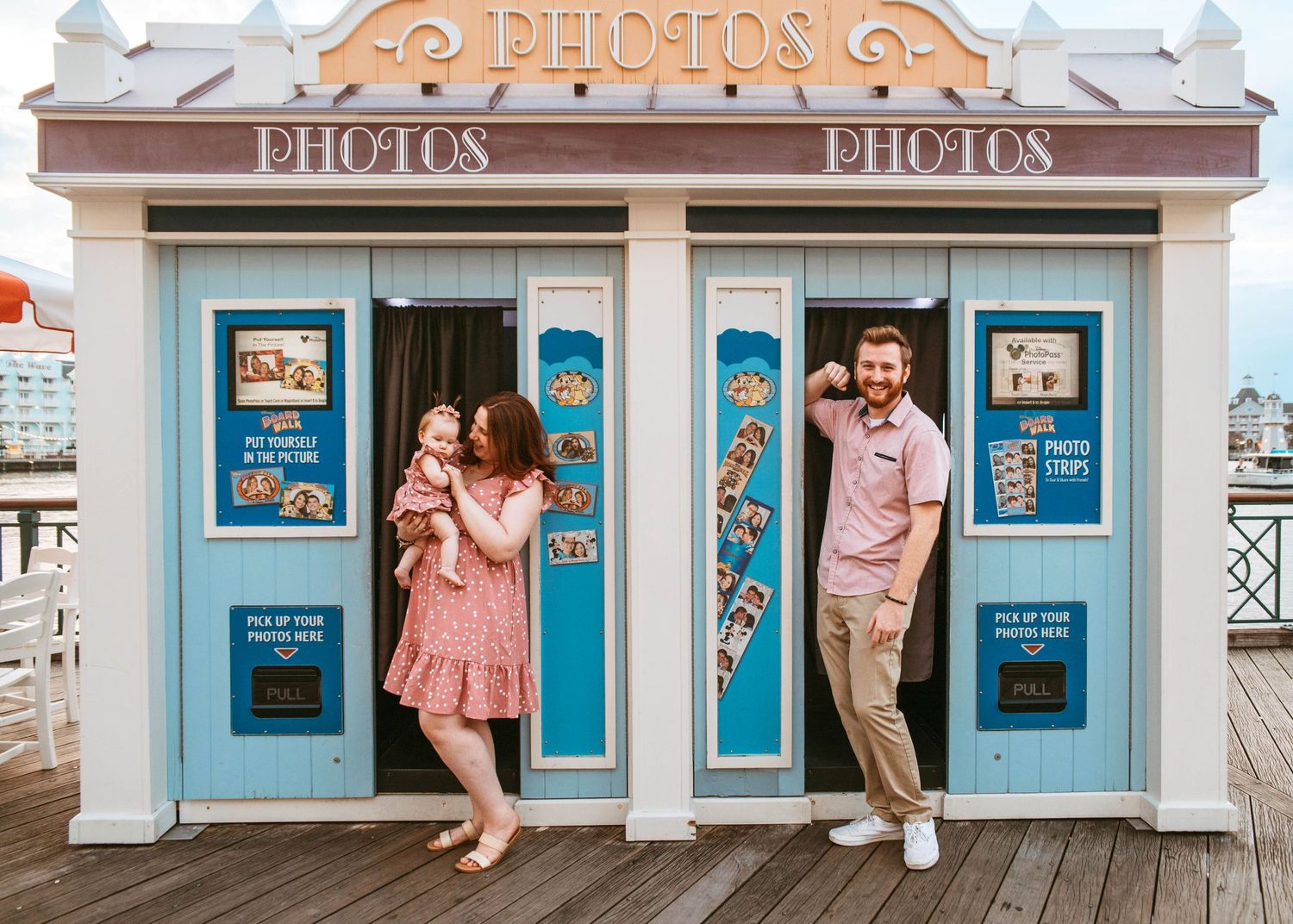 John & Emily anniversary photos at Disney Boardwalk with baby Ripley, at the iconic vintage Photobooth. Cred: LexTakePix