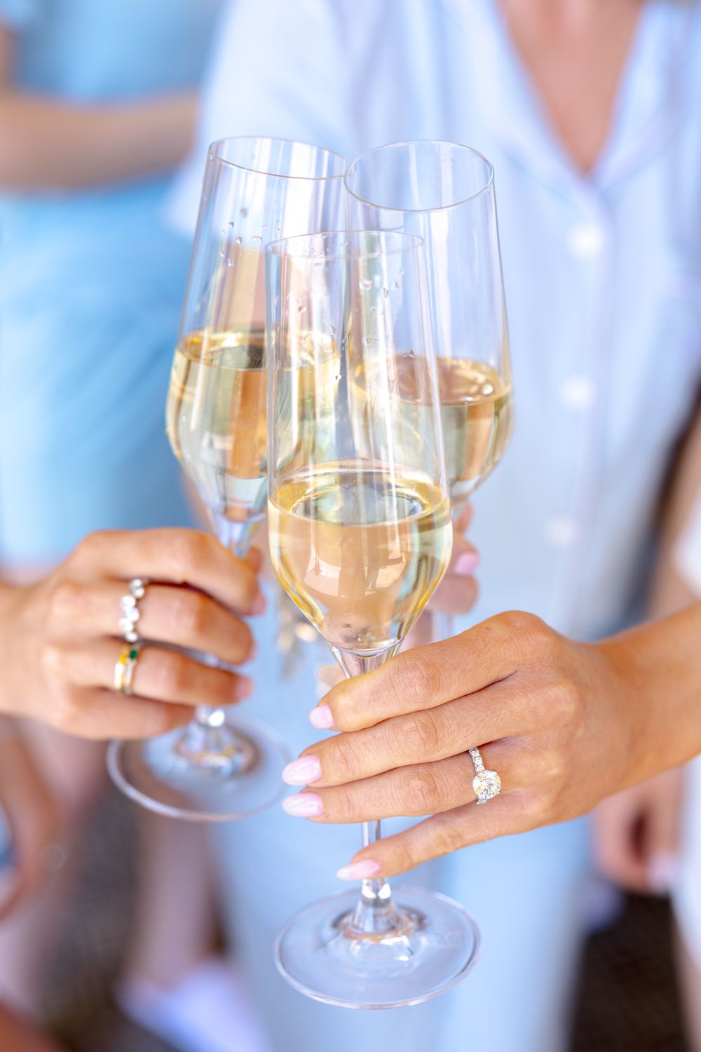 Wedding party toasting with glasses of champagne at an elegant celebration.