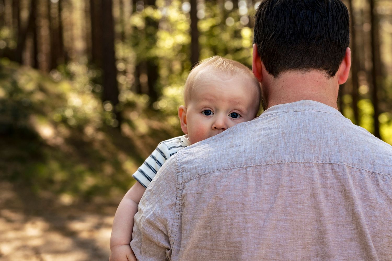 Baby peering over parent's shoulder in sunlit forest setting.