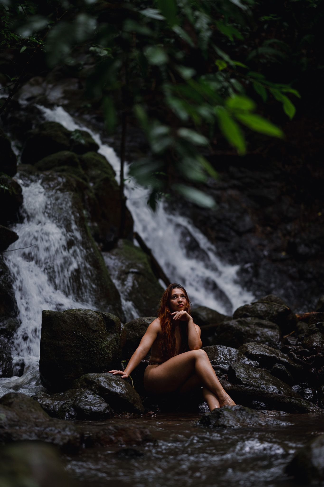Serene waterfall cascades down dark rocks surrounded by lush tropical foliage in a moody forest setting.