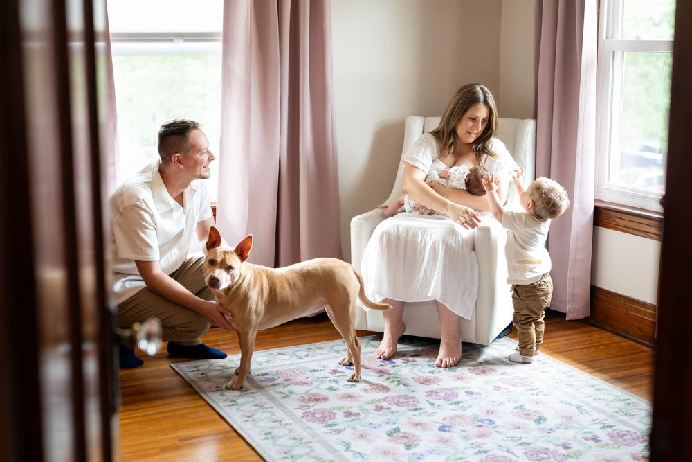 Candid family moments captured across multiple frames in a bright indoor setting.
