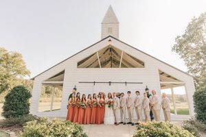 A collage of wedding photos showing a white church chapel and bridal party in peach and beige dresses against a sunny backdrop.