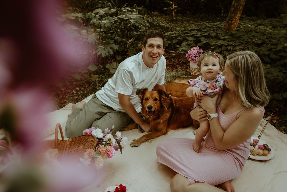 A family enjoys a spring picnic in a garden with their German Shepherd dog surrounded by pink blossoms.
