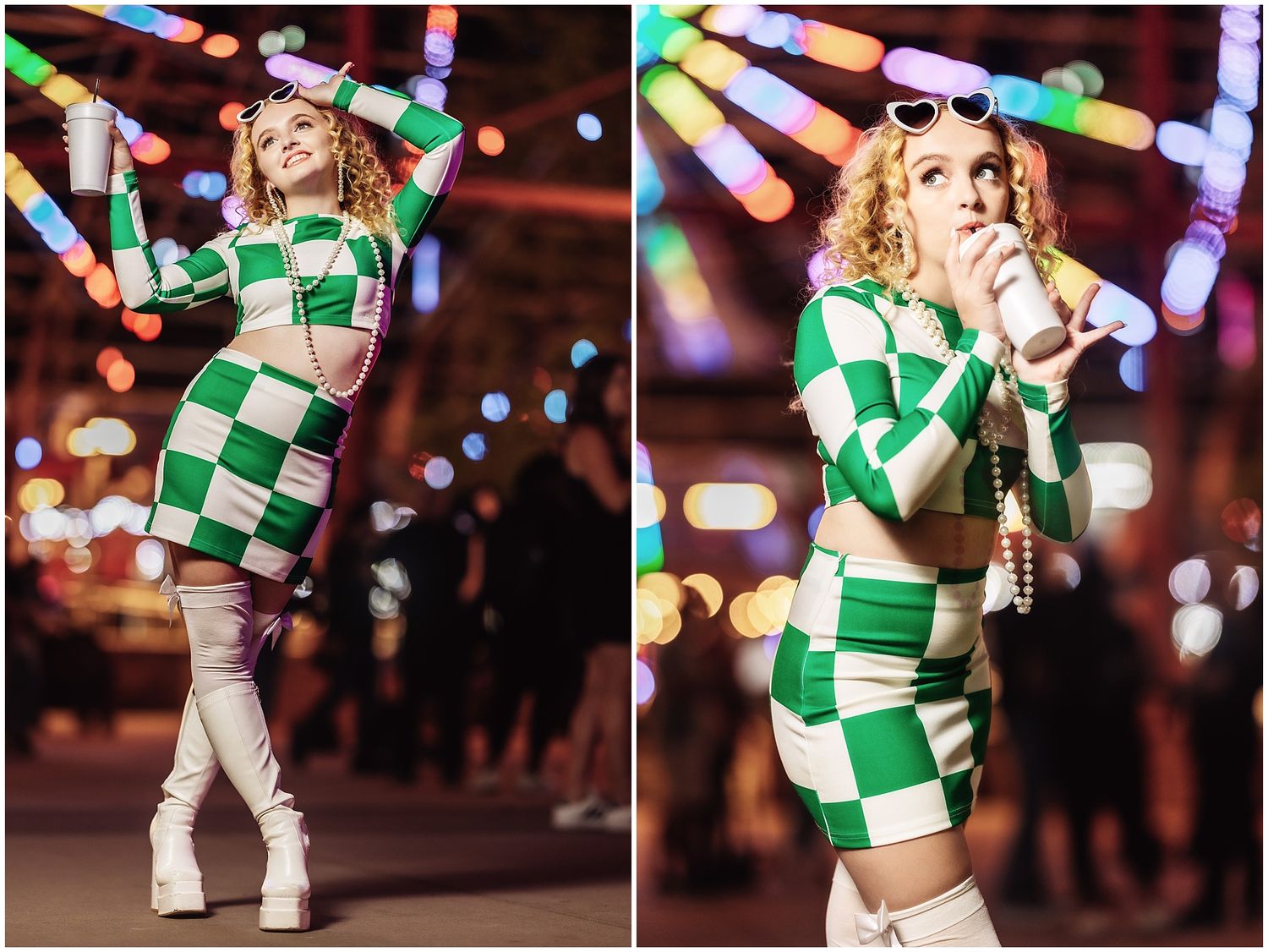A dancer in a green and white checkered top performs expressive movements under colorful stage lighting.