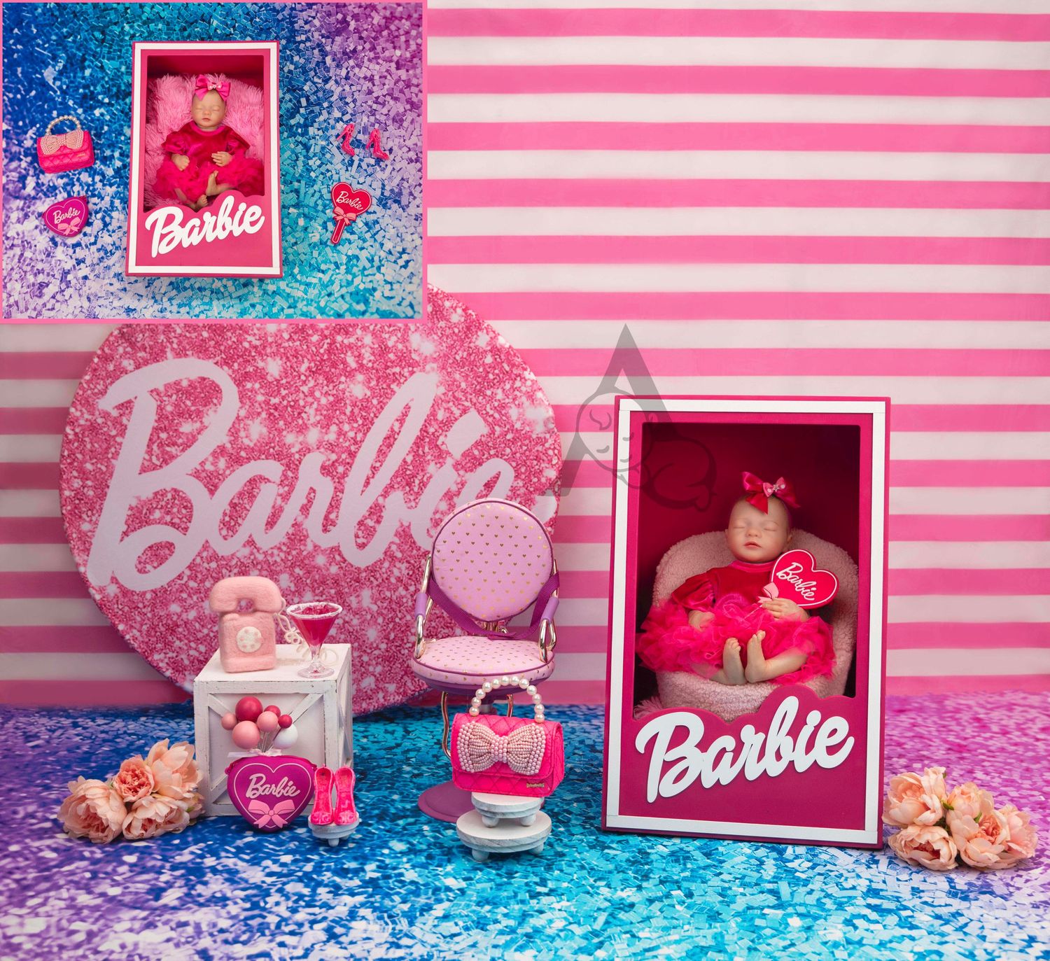 Pink and glittery Barbie-themed display with merchandise and collectibles against striped background.