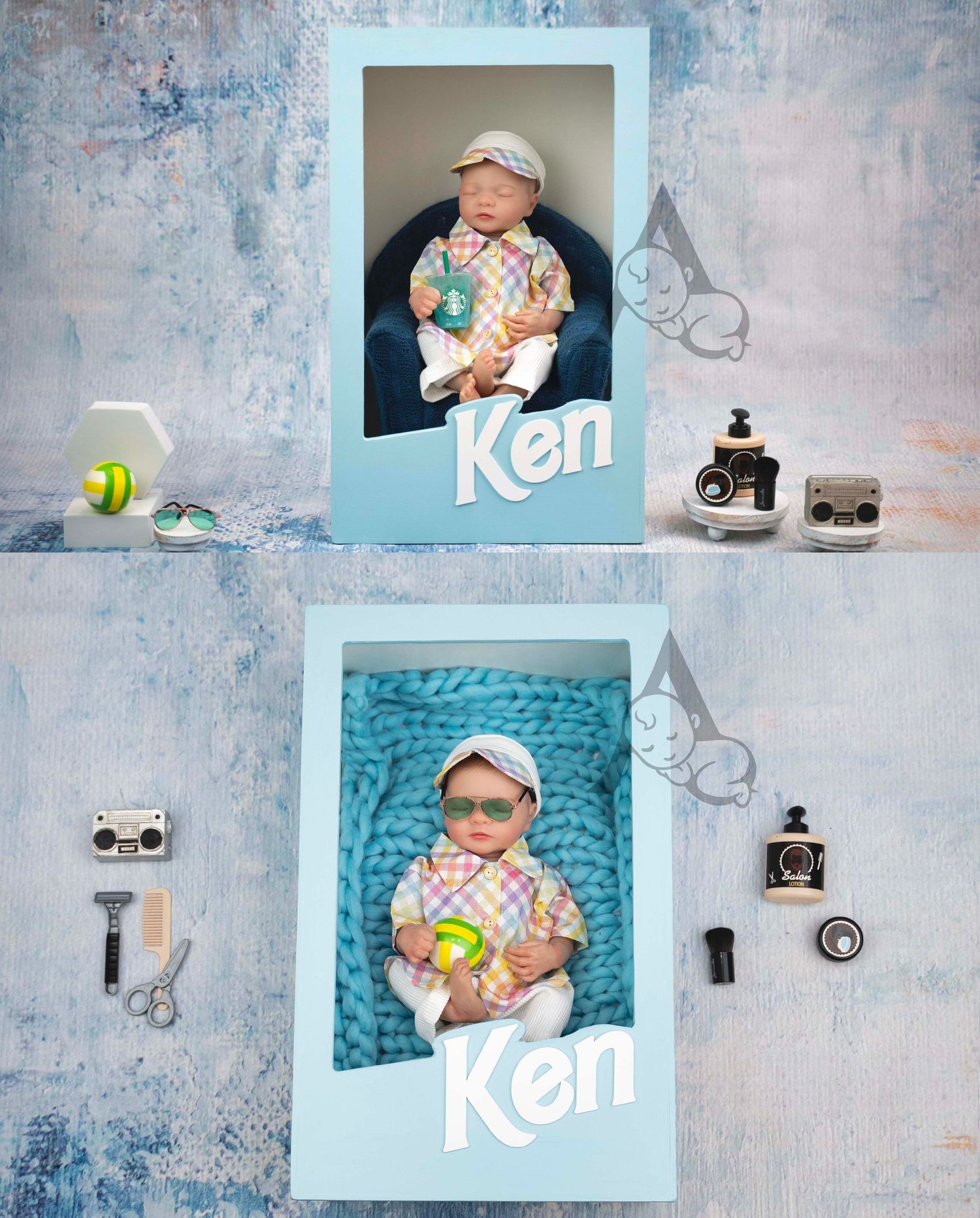 Professional baby photoshoot with toys and camera props on blue textured background.