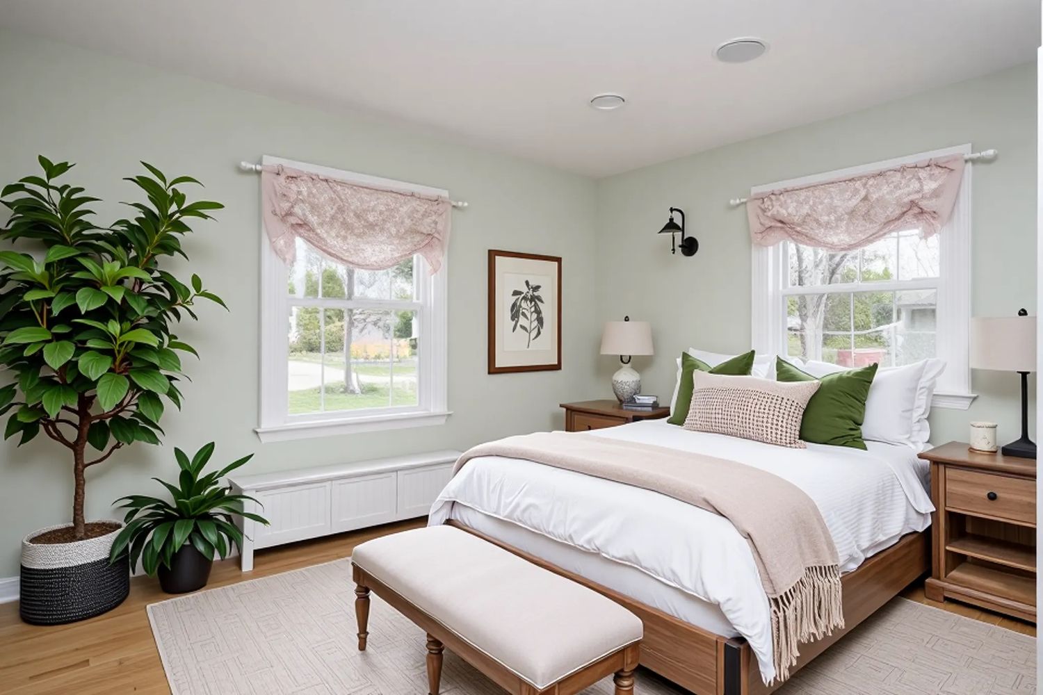 Virtually staged bedroom with soft green walls, modern art, pink and black accents, white bed, and natural light from two windows.