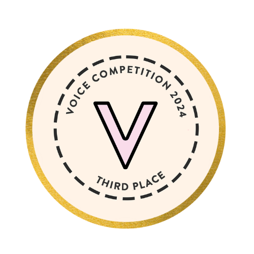 A circular gold and pink badge design featuring the letter V with text 'Voice Competition 2024 Third Place' around the edge.