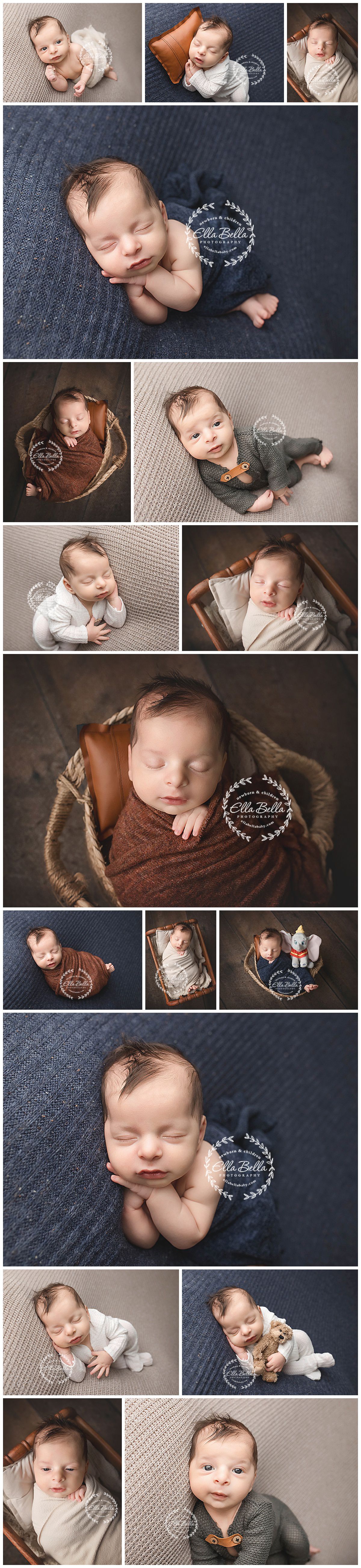 Professional baby photo collection featuring cozy blankets and wraps in neutral tones of gray, brown, and white.