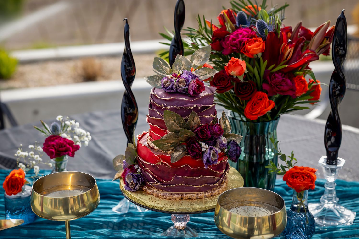 cake table in jewel tones