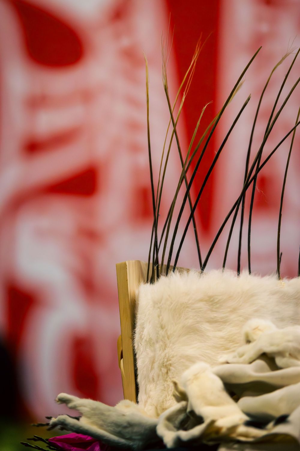 Black whisker-like strands emerging from a light beige fabric against a blurred red background.