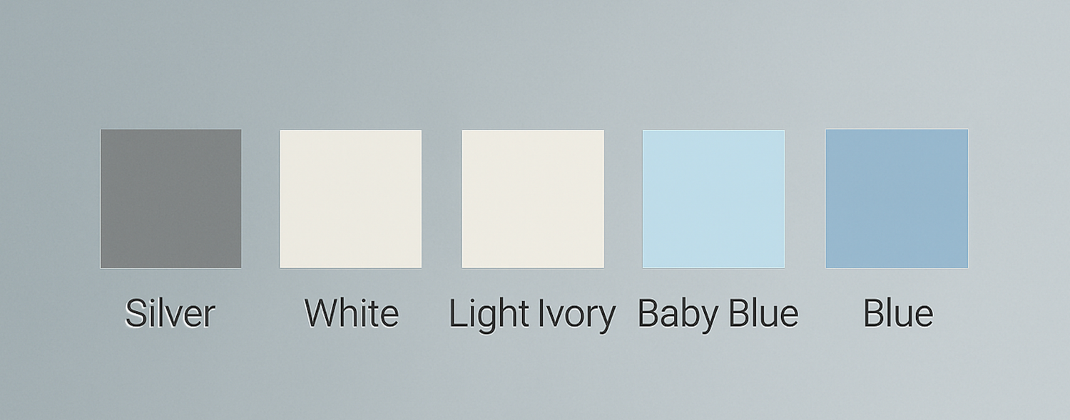 Color palette showing silver, white, light ivory, baby blue and blue shades.