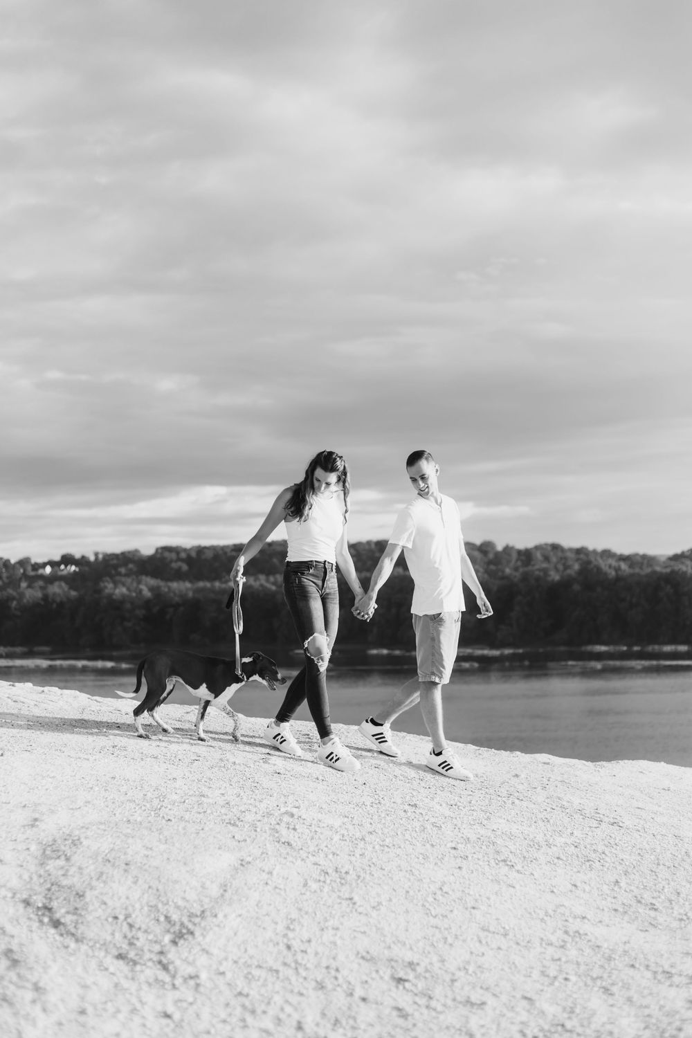 People and their dog walk along a bright white sandy beach with water and trees in the background.