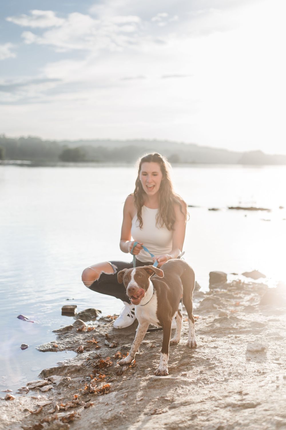 A serene beachside scene with people and a dog relaxing among rocks at golden hour.