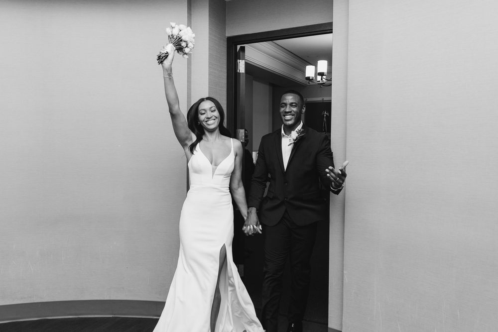 Black and white collage shows candid wedding day moments with the bride and groom walking and posing together at church doorway.