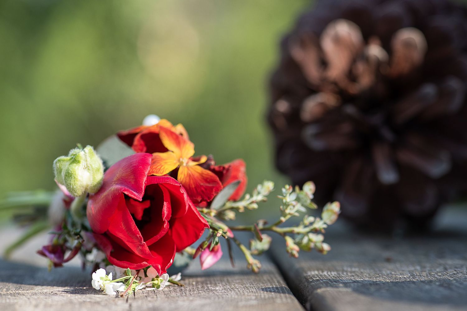 Close up of button hole on wooden surface with red flower