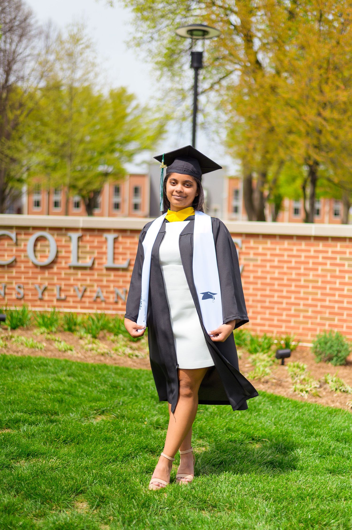 A graduate in cap and gown poses on grassy hill with York College brick sign visible.
