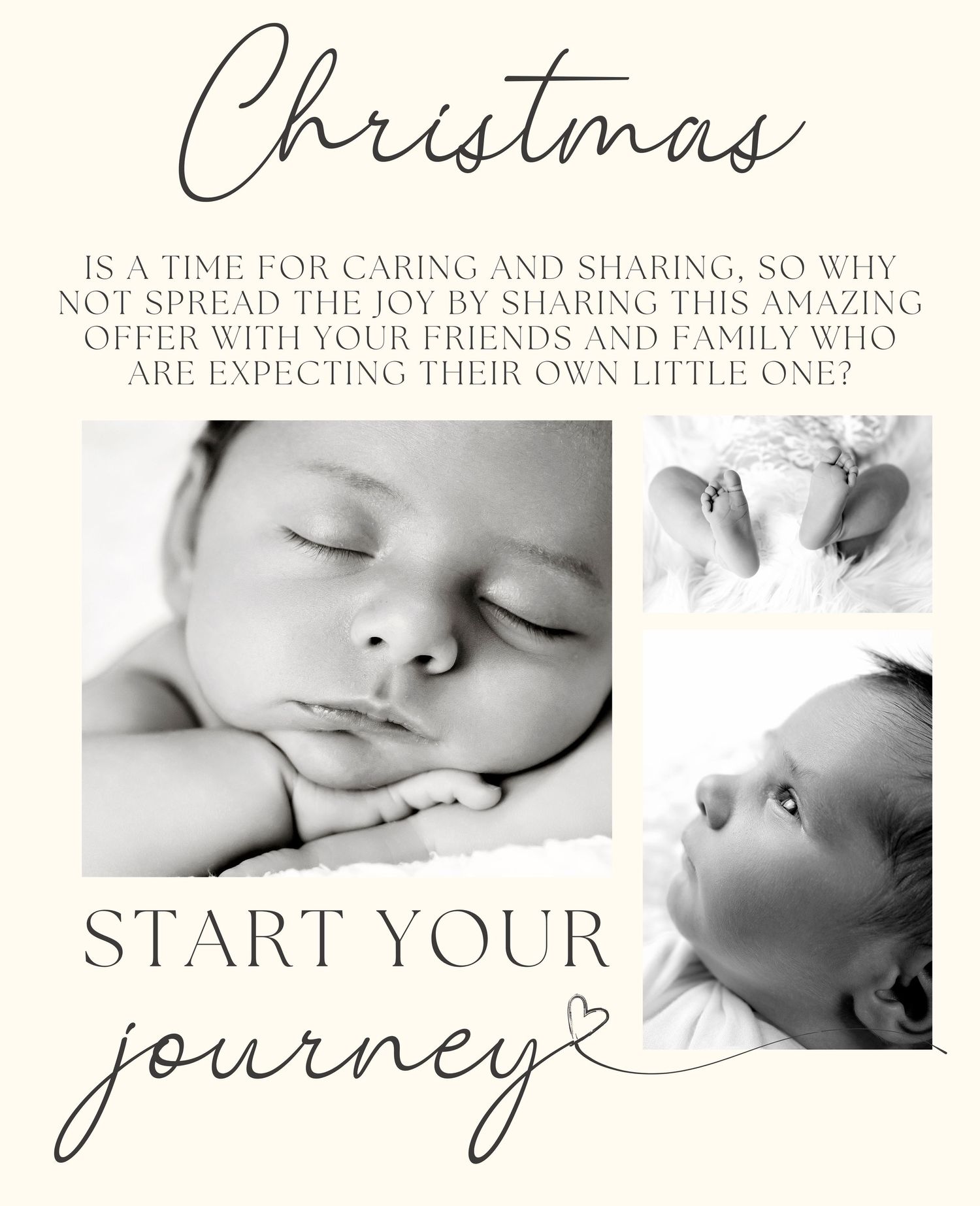 Christmas-themed promotional template for newborn photography sessions with baby photos.