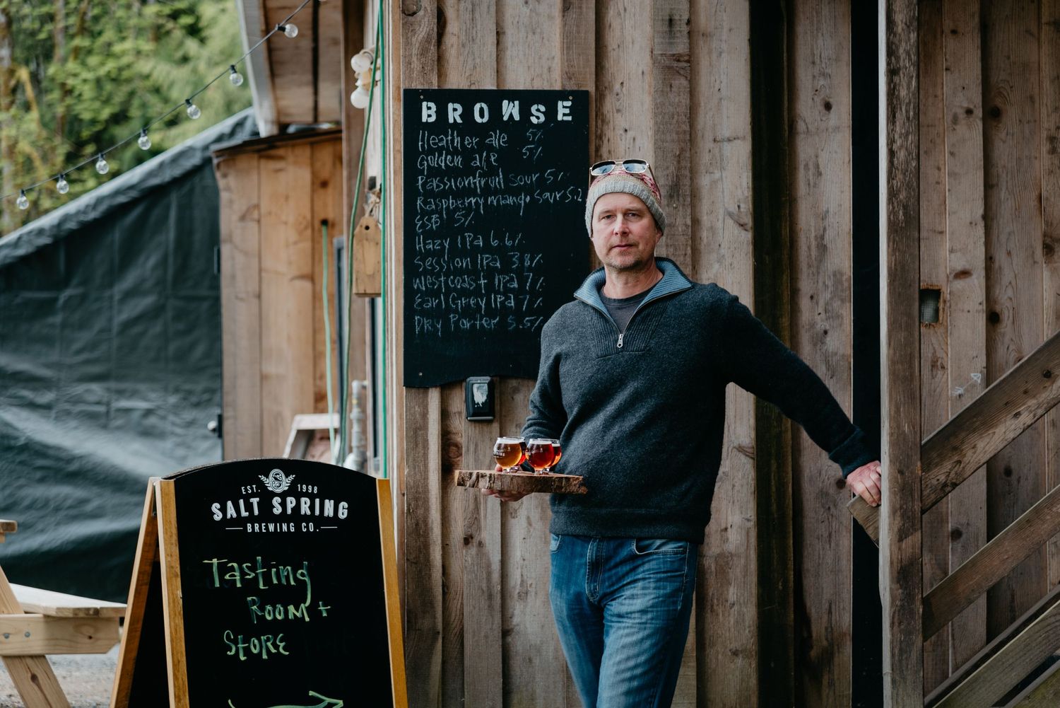 Carrying a flight of craft beer at Salt Spring Brewery