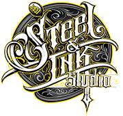Ornate gold and black steampunk-inspired logo design with decorative typography and flourishes.