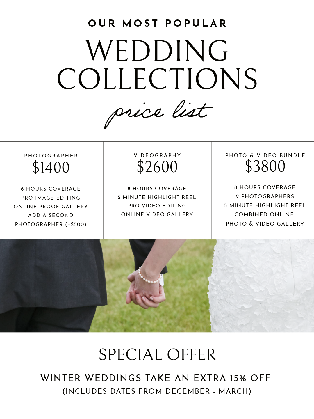 Wedding photography pricing list template showing three packages ranging from $1400 to $3800 with hands holding in background.