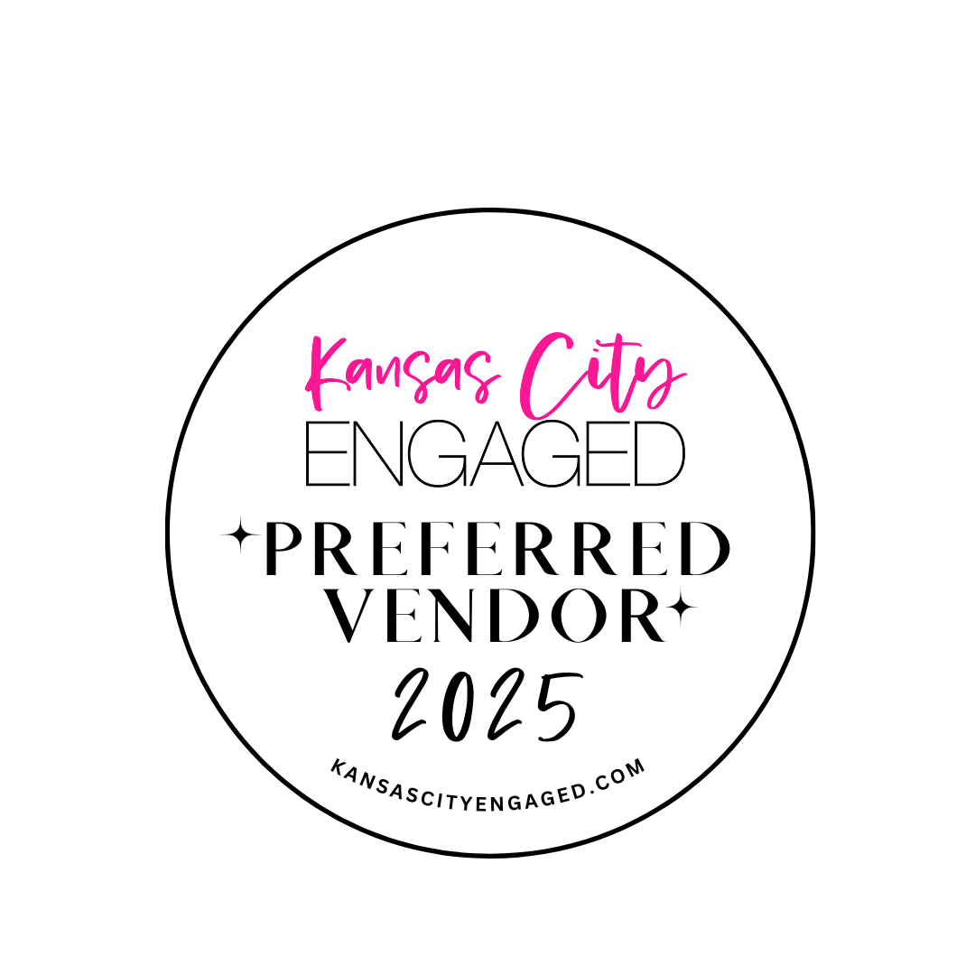 Circular white badge with pink and black text displaying 'Kansas City Engaged Preferred Vendor 2025' logo design.