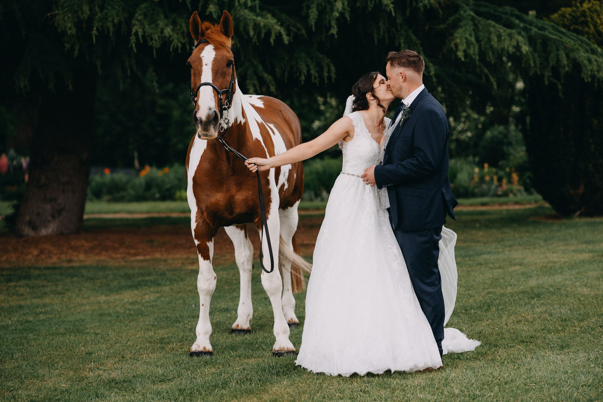 A couple in wedding attire stands on a lawn with a brown and white horse during their outdoor wedding photoshoot.