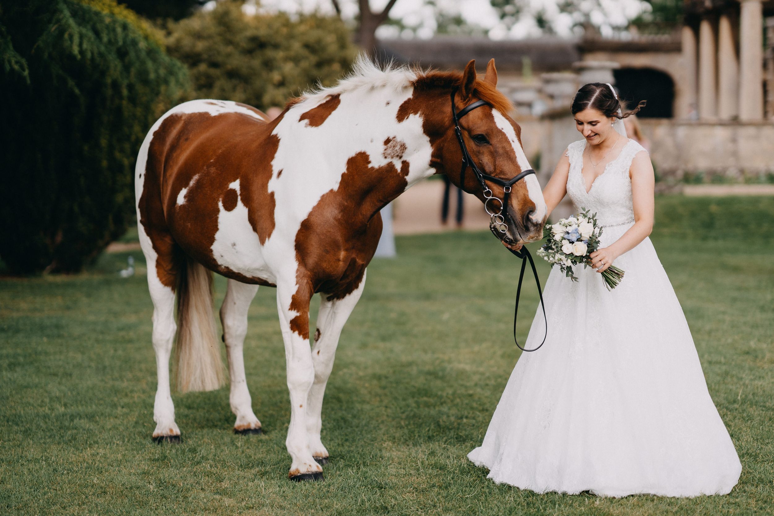 A brown and white paint horse stands on grass next to someone wearing a white wedding dress holding a floral bouquet.