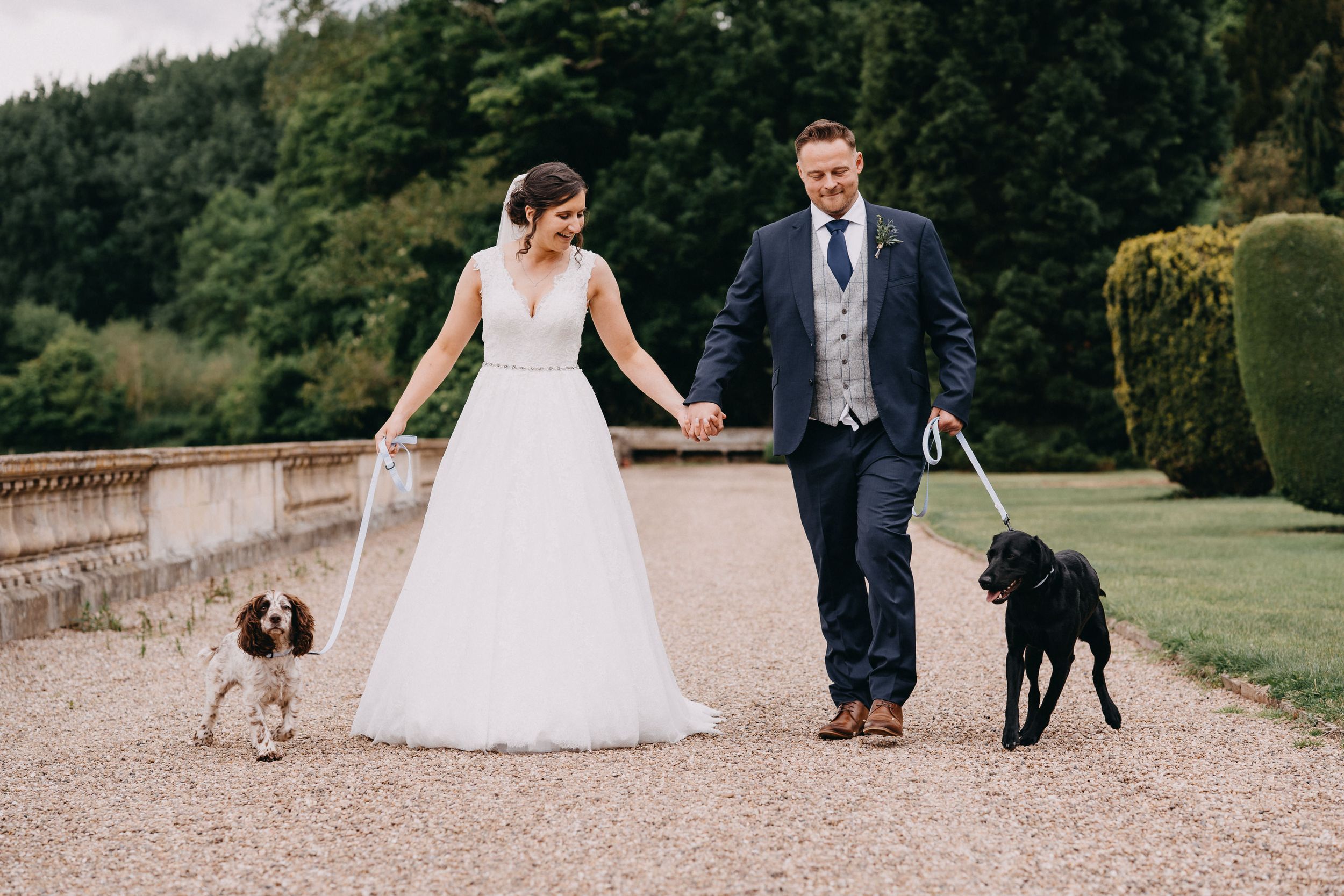 A couple walks with their two dogs on a gravel path in a manicured garden setting during their wedding celebration.