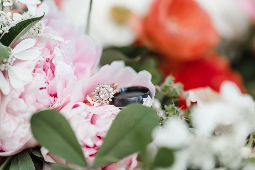 Close-up of pink peony flowers with wedding rings nestled among the petals.
