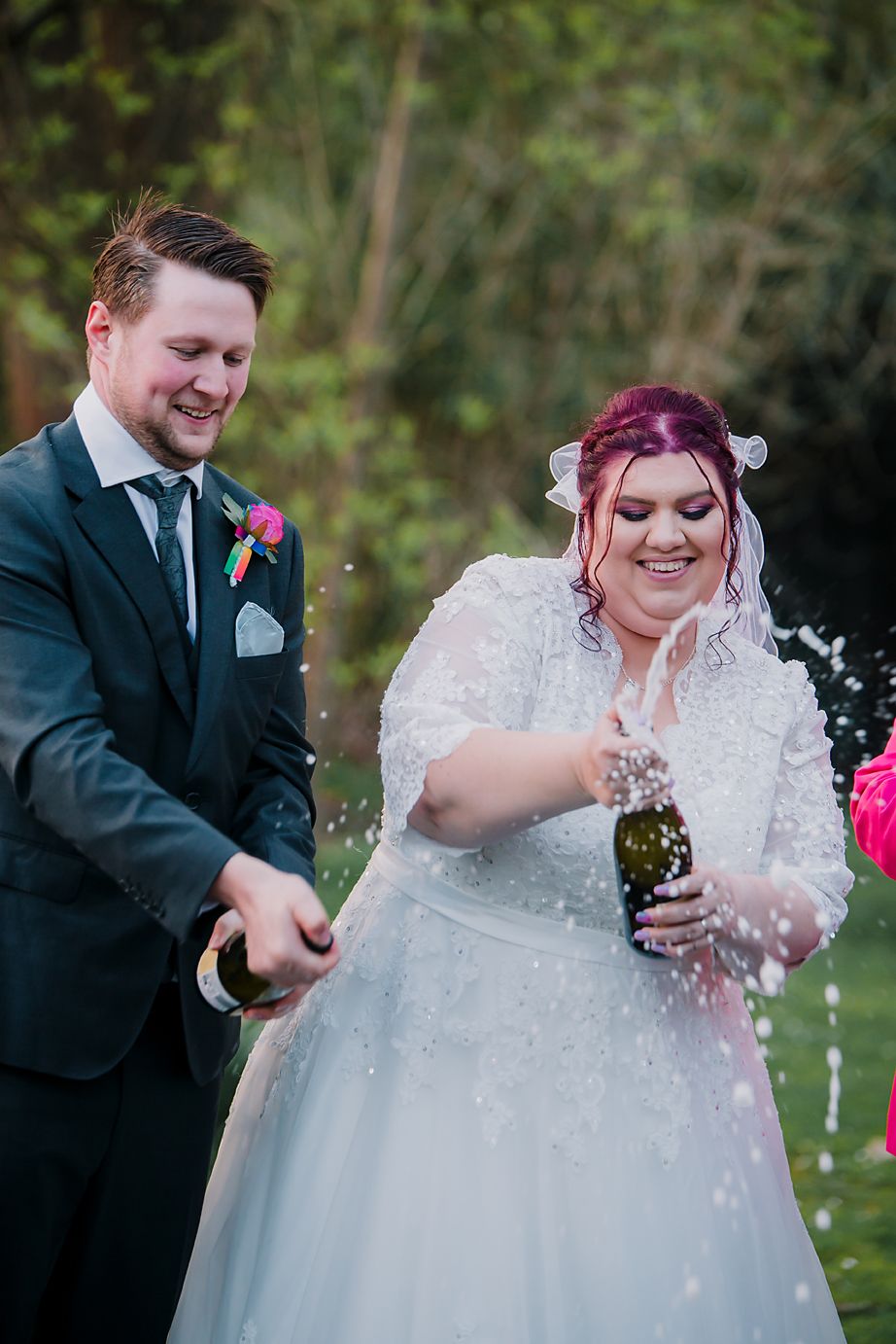 A sequence of photos showing glitter being thrown at a couple during an outdoor wedding celebration.