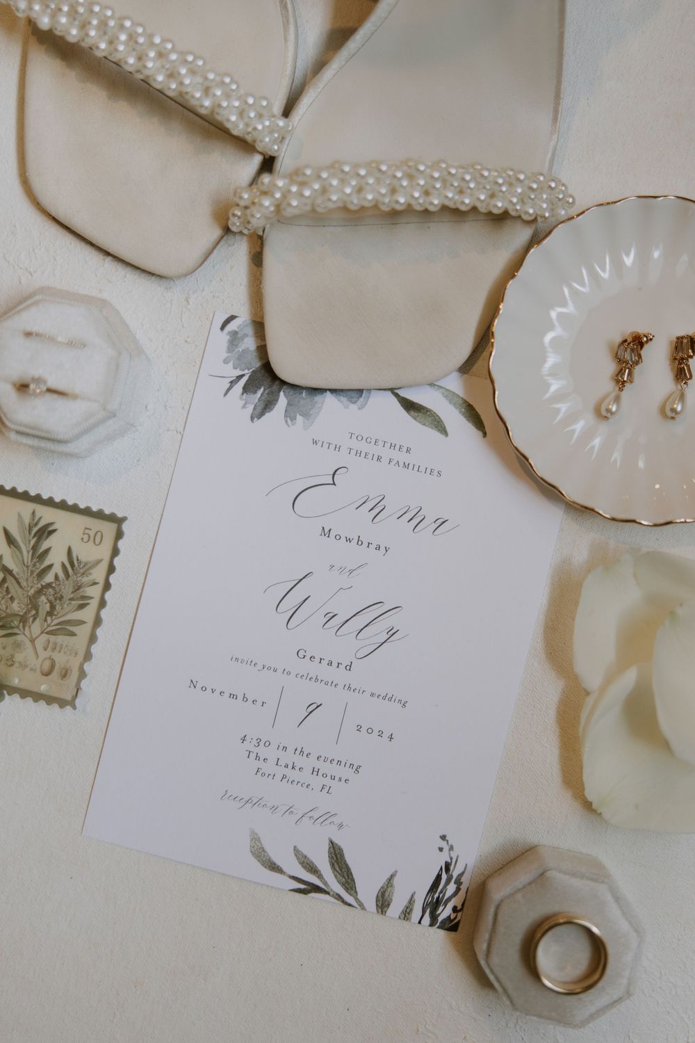 Bridal detail flat lay at wedding in Fort Pierce, Florida at The Lake House venue captured by Lindsay McDow Photography.