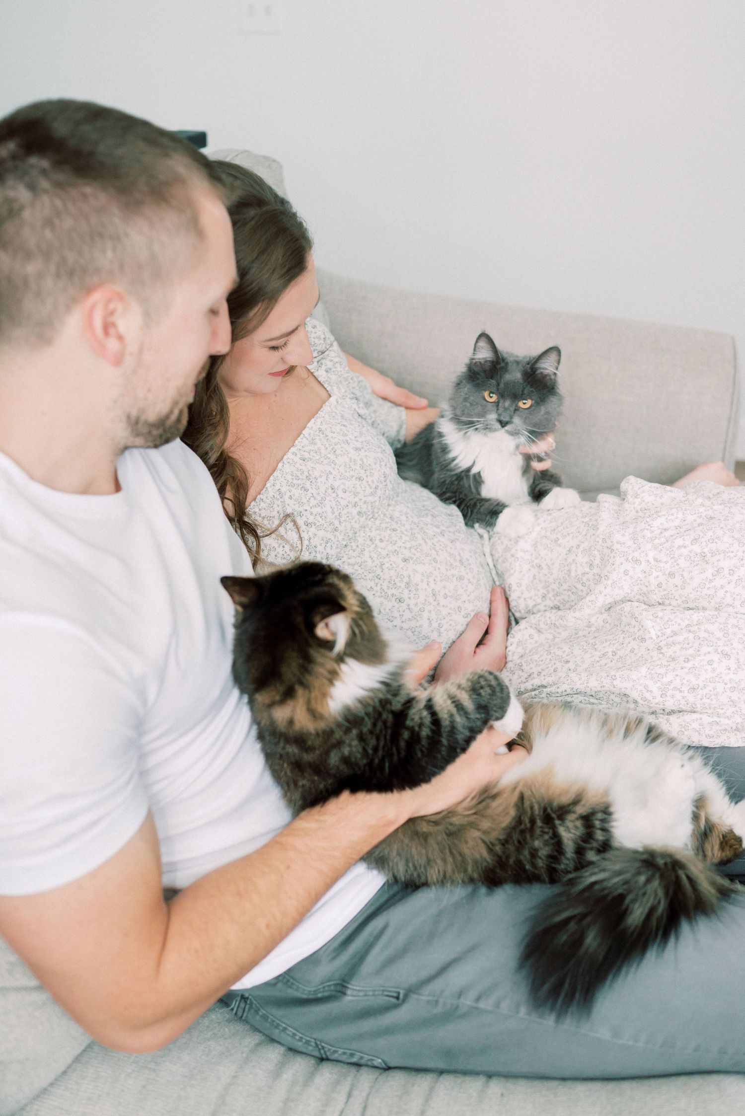 Cozy indoor maternity photo with couple relaxing with their two cats.