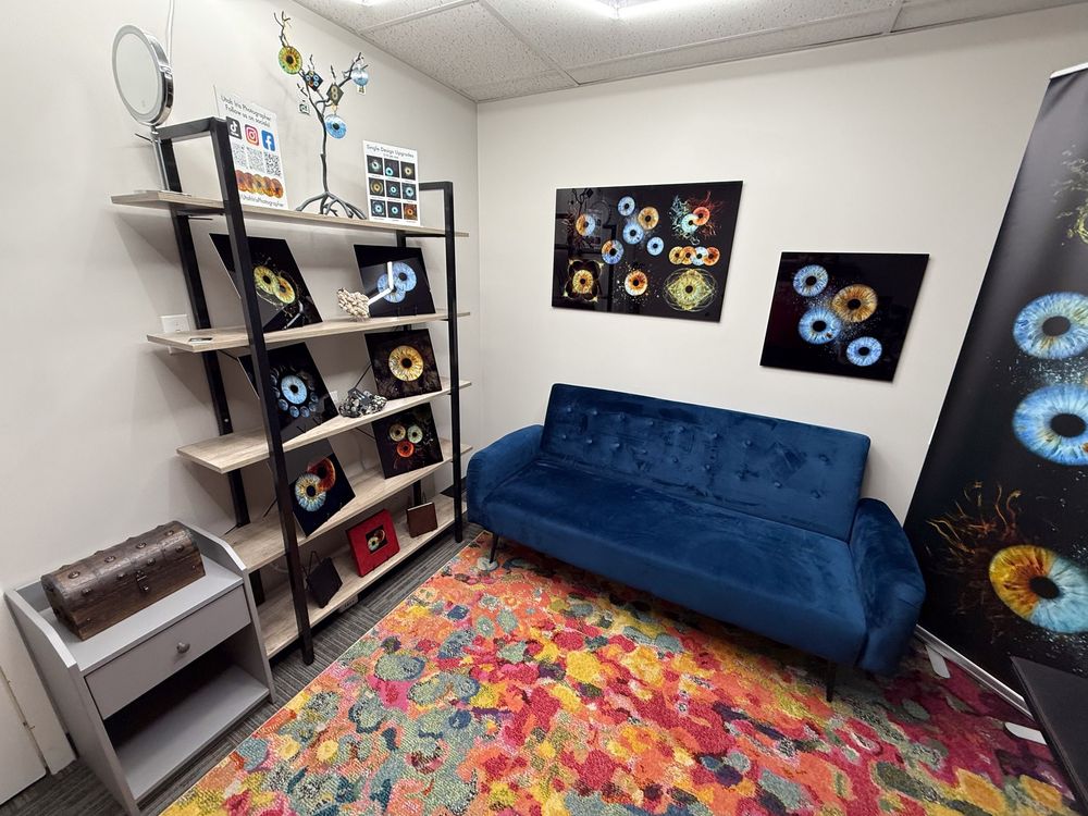Modern home studio with colorful geometric rug, blue velvet couch and floating shelves displaying vinyl records on the wall.
