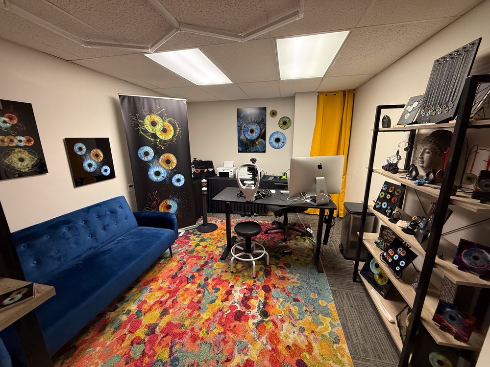 A modern home office features a blue velvet couch, colorful area rug, vinyl records on walls, and dark shelving units.
