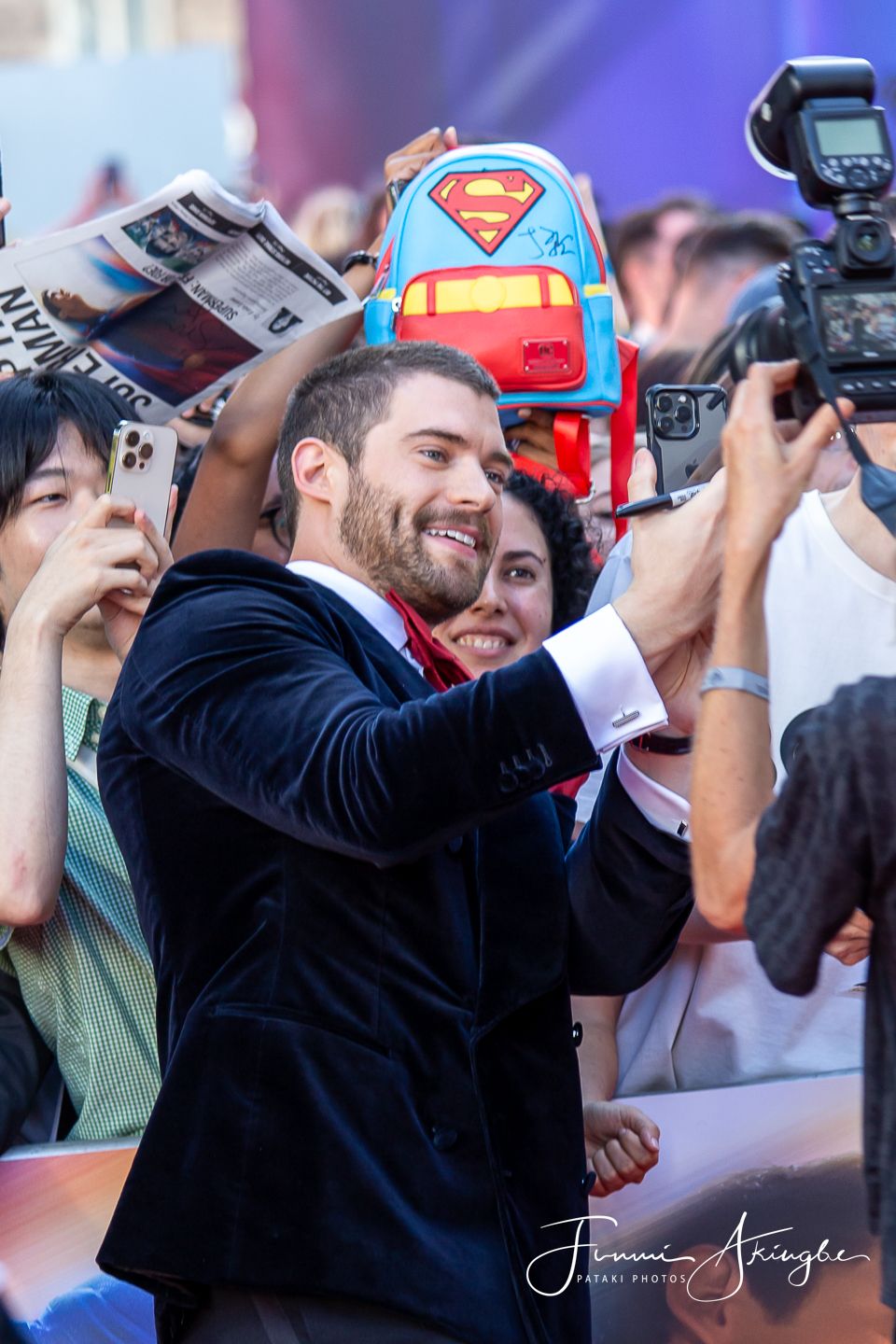 Actor David Corenswet taking a selfie with a fan at the UK Fan Event for the 2025 movie at Leicester Square, London