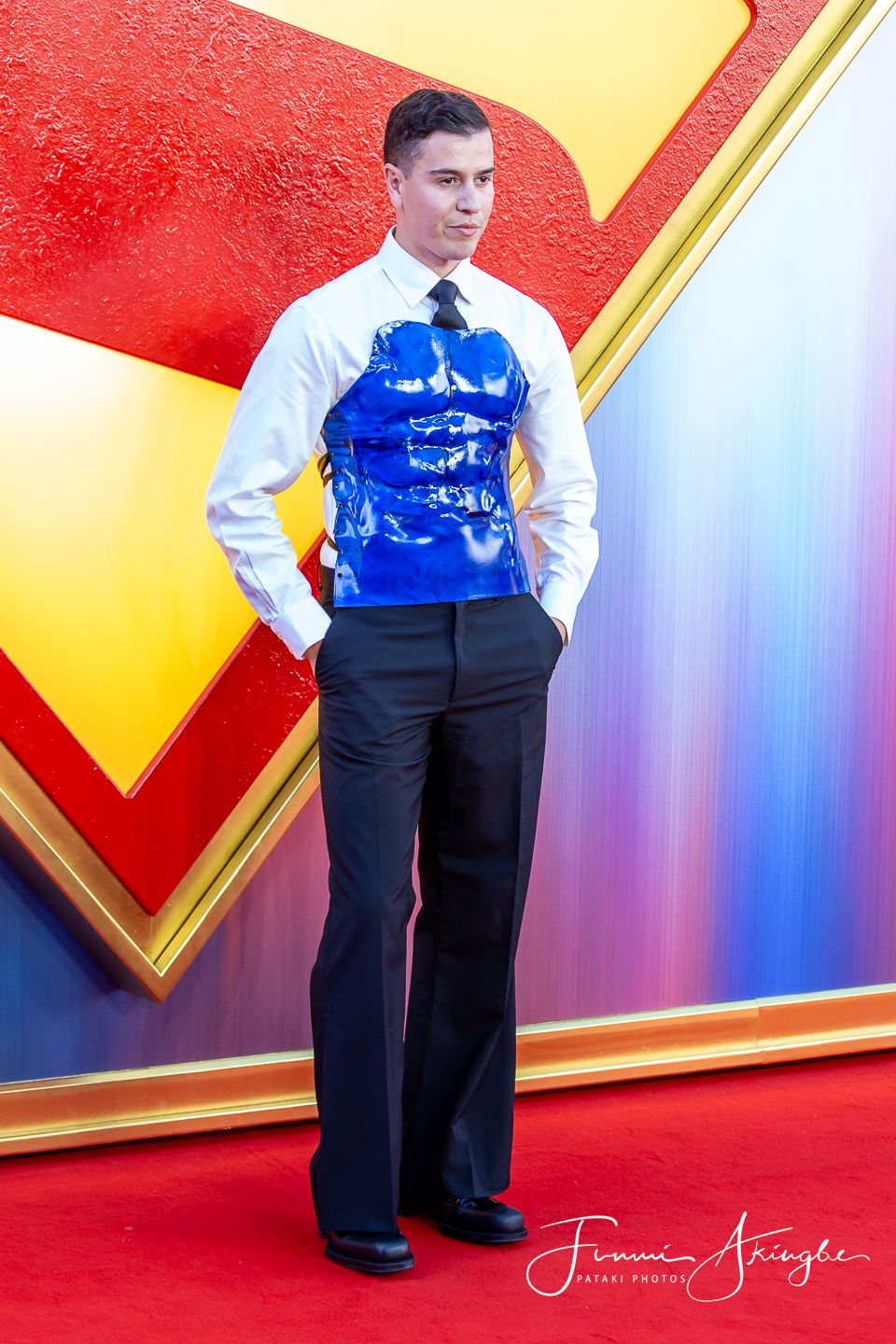 Writer Aiden London wearing a capturing blue chest plate at the UK Fan Event for the 2025 movie at Leicester Square, London