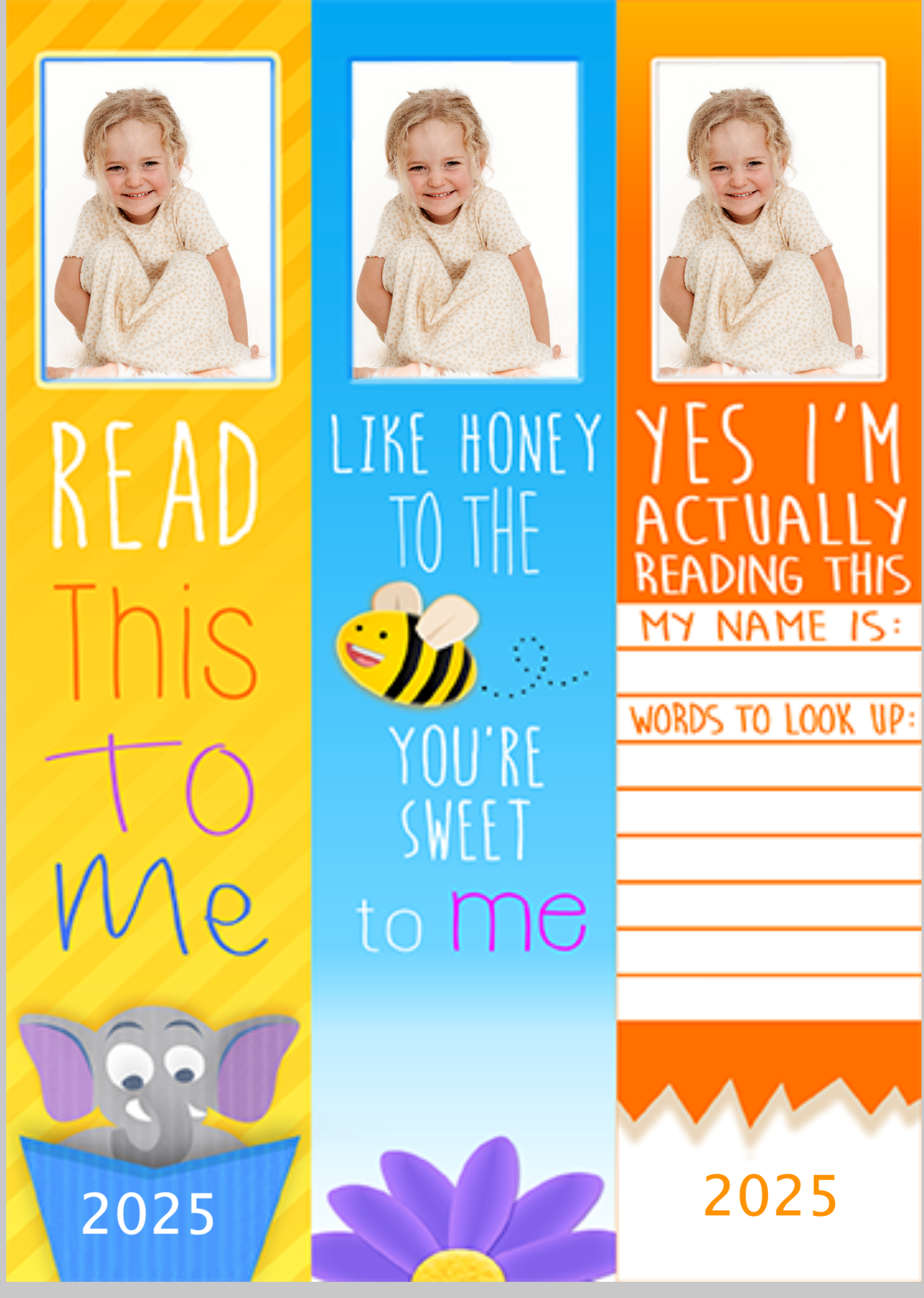 Three colorful bookmarks featuring a cartoon elephant and bee with text for reading tracking in yellow, blue and orange backgrounds.