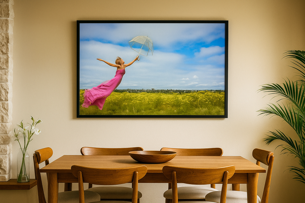 A framed photograph of a person in flowing pink fabric leaping joyfully in a sunny meadow hangs above a wooden dining table.
