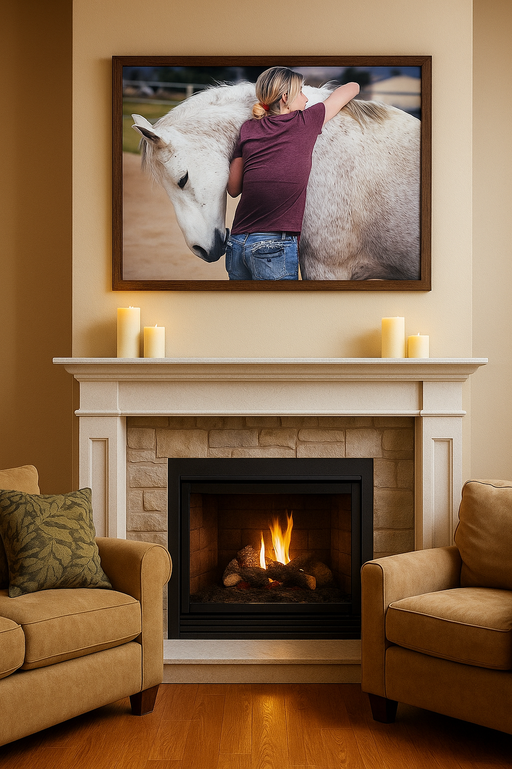 Brown living room with modern gas fireplace, neutral furniture, and framed equestrian artwork on tan walls.